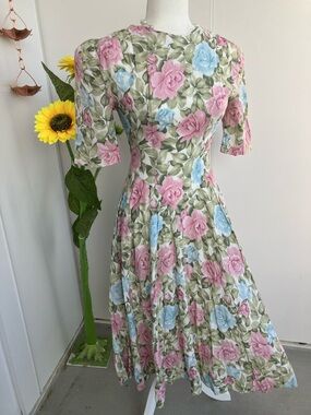 Vintage 80s 90s Puff Sleeve Pink and Blue Floral Rose Spring Midi Dress